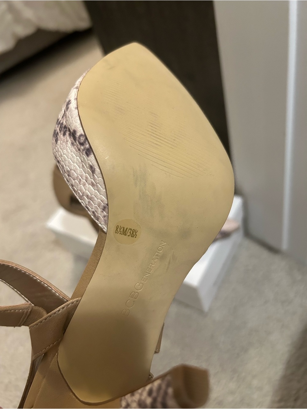 BCBG Tan Ankle-Strap Heels with Snake-Print Pointed Toe - Picture 4 of 4